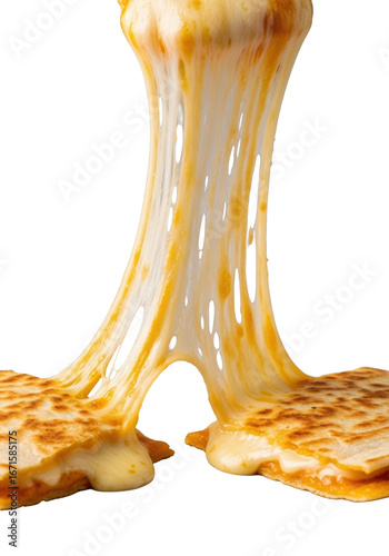 Oaxaca cheese, bubbly and stringy, stretches from warm corn tortilla quesadilla halves, isolated on a transparent background with soft studio light, extreme macro food photography concept