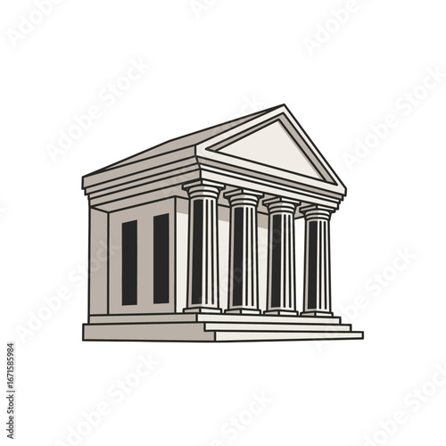 Classic architectural building with a grand portico and four columns, representing a bank, courthouse, or museum. Isolated vector illustration