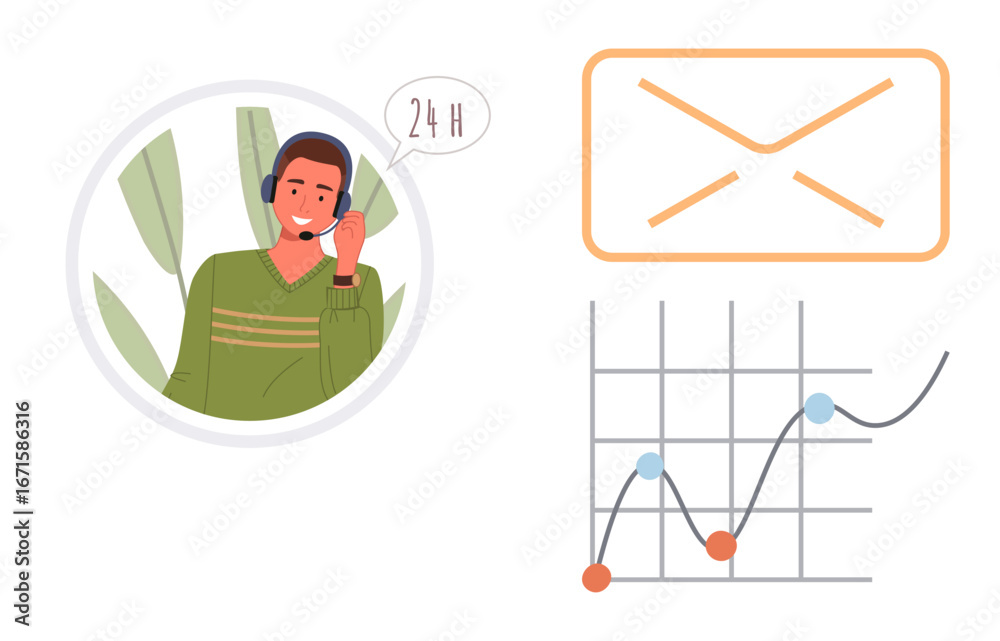 Fototapeta premium Person with headset in speech bubble interacting, email graphic, and climbing graph trend. Ideal for communication, analytics, customer service, teamwork, technology growth feedback. Clean flat