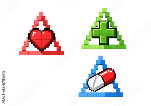 Collection of 8-bit retro video game health icons. Pixelated heart, medical cross, and capsule symbols isolated for digital user interface assets