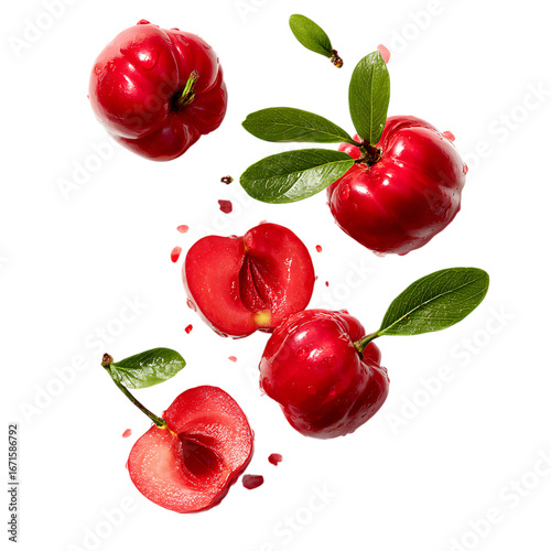 Acerola Cherry with half slices falling or floating png