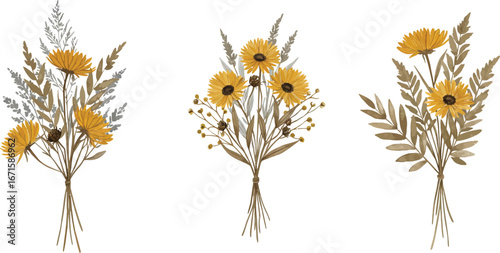 Three bouquets of yellow flowers and dried leaves on white background on transparent background