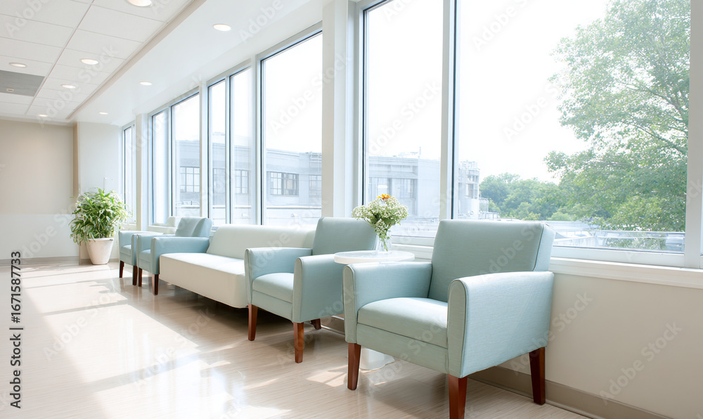 Fototapeta premium Bright modern office lounge with large windows natural sunlight clean minimalist interior spacious and comfortable workspace environment. generative aI