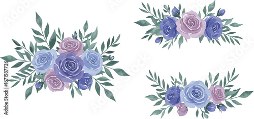 Watercolor floral arrangements with roses and leaves in purple and pink hues on transparent background