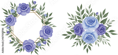 Watercolor illustration of blue roses and leaves in wreath and bouquet arrangements on transparent background