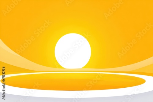 Abstract sunny illustration with curves, a sun-like circle, and a circular platform on white. Warm, bright, simple, and evokes calm
