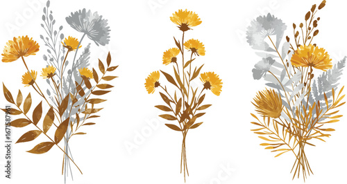 A set of three bouquets of yellow flowers and gray foliage on white background on transparent background