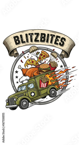 Action-packed food delivery concept with a flaming military truck delivering burgers, pizza, and fries in a blitz
