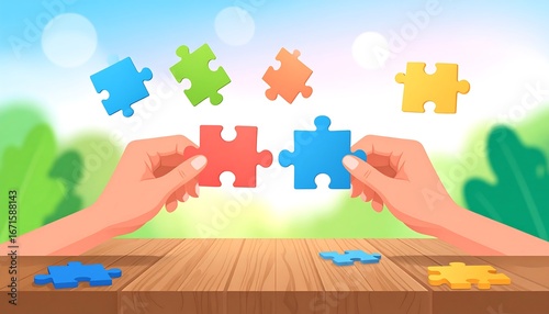 Two hands connect colorful puzzle pieces on a wooden table against a blurred outdoor background