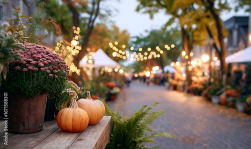 Cozy autumn outdoor market street decorated with pumpkins string lights colorful fall foliage festive atmosphere warm evening. generative aI