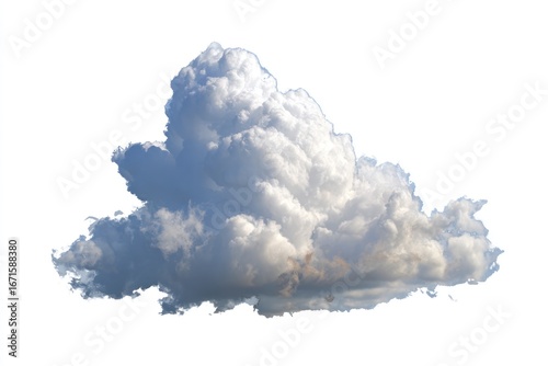 Fluffy cumulus cloud against a pure white background, casting soft shadows and exhibiting textured formations
