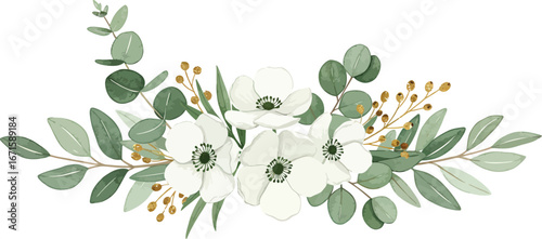 A bouquet of white flowers and green leaves on a white background on transparent background