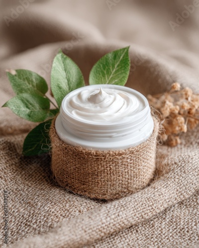 Cream jar on burlap