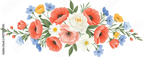 A colorful floral arrangement with roses poppies and other flowers on white background on transparent background