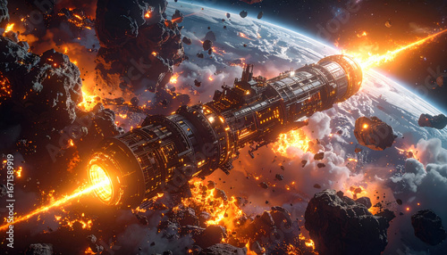 Fototapeta Naklejka Na Ścianę i Meble -  Fiery spaceship explodes near planet, surrounded by flaming debris and asteroid field. Epic space battle scene.
