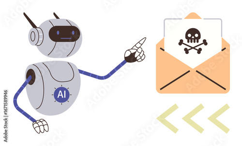 Humanoid robot with AI marking points to an envelope containing a skull. Ideal for cybersecurity, technology, online threats, AI safety, digital scams, email security, simple flat metaphor