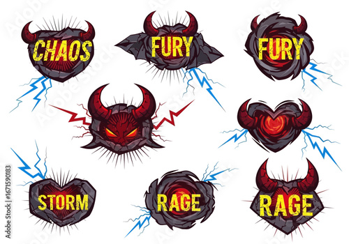 A powerful collection of fantasy gaming emblems representing demonic wrath, featuring horned shields, chaotic hearts, and elemental lightning