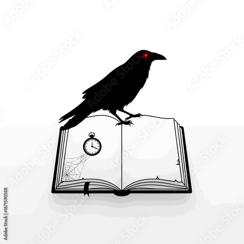 Gothic silhouette of a mysterious black raven with red eyes perched on an open book, symbolizing dark knowledge and forgotten time