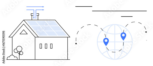 House powered by solar panels, connected to a global network. Dotted paths link the globe and markers. Ideal for renewable energy, green technology, smart home, global networking, sustainable living