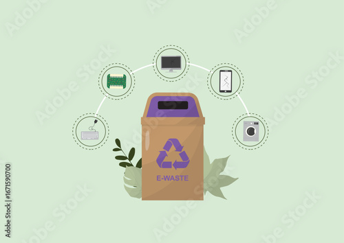 Electronic Waste Categories with Recycling Bin. e-waste recycling bin with icons showing different electronic device categories for proper waste sorting. E Waste Trash Bin. Flat. Vector illustration