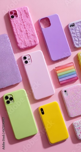 Colorful phone cases arranged diagonally on pink