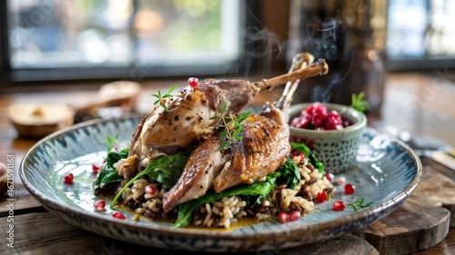 Smoked pheasant legs with golden skin on ceramic plate with wild greens, pomegranate seeds and cranberry sauce in natural light