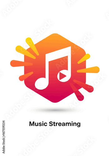 Modern flat design icon with a musical note inside a hexagon, representing an audio streaming service or player application