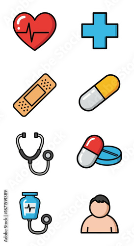 Comprehensive collection of colorful medical and healthcare icons for web and print design, representing concepts of wellness, treatment, and patient care