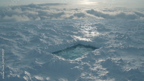 Azure pool within a snow-covered landscape under cloudy skies
