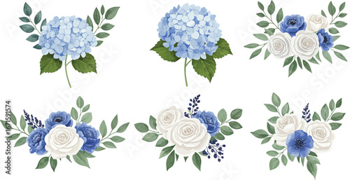 A collection of blue and white flowers with green leaves on a white background on transparent background