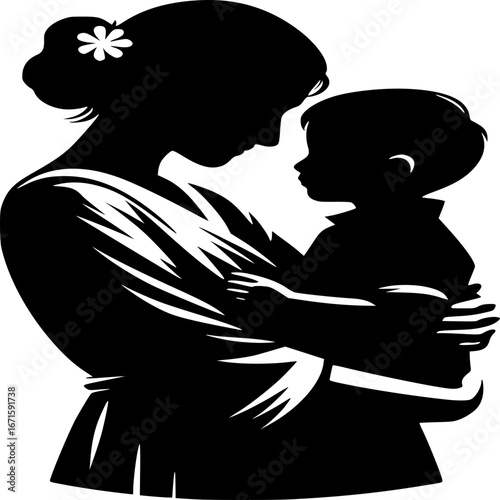 Mother and Child Silhouette: A tender monochrome silhouette captures the loving bond between a mother and her child. A delicate dance of affection in a minimalist style.