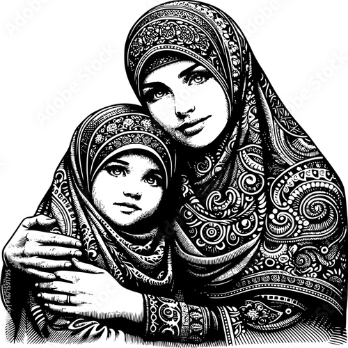 Harmony of Hearts: A tender illustration captures a mother and daughter in an intimate embrace, their traditional attire reflecting a bond of love and heritage. 
