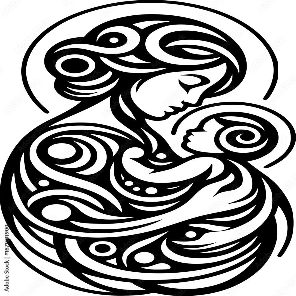 Obraz premium Motherhood's Embrace: A tender illustration portraying a mother cradling her infant, their forms interwoven in a symbolic dance of love and protection. 