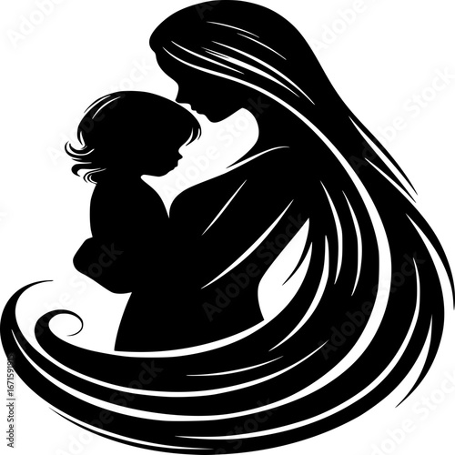 Silhouette of a Mother and Child: A tender silhouette portrays a mother embracing her child, the flowing lines capturing the bond of affection and the serene peace of a parent's love.