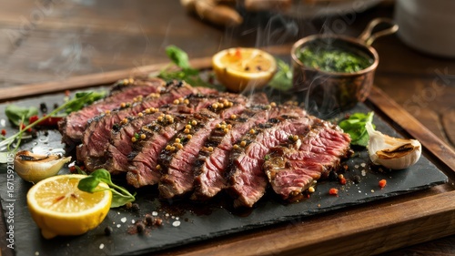 Marinated flank steak sliced and seasoned with peppercorns on dark slate board, grilled beef with lemon garnish and fresh herbs, steaming presentation