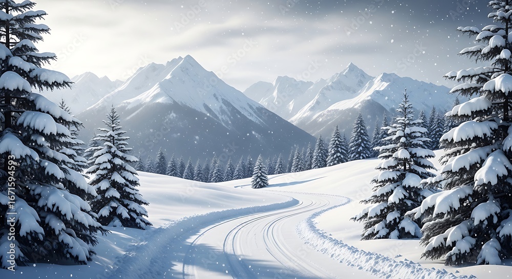 Obraz premium Scenic winter landscape with snowy mountains pine trees and winding trail in snowfall 