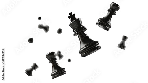 Falling black chess pieces isolated on transparent background