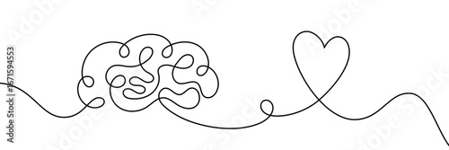 One line drawing of brain and heart connected by a continuous line. Minimalist linear illustration symbolizing balance between mind and emotions, psychology, mental health, love and feelings concept