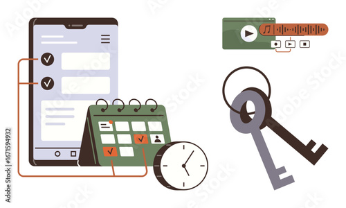 Mobile device displays a checklist beside a desk calendar, clock, keys, and music control interface. Ideal for productivity, time management, organization, scheduling, reminders prioritization