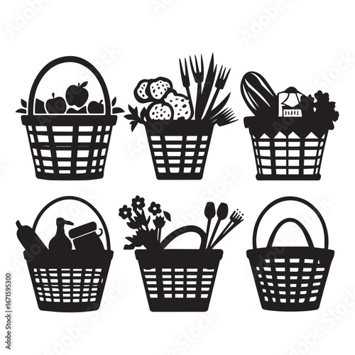 Vector art of assortment of picnic baskets filled with food items like fruits, vegetables, bread, and cutlery