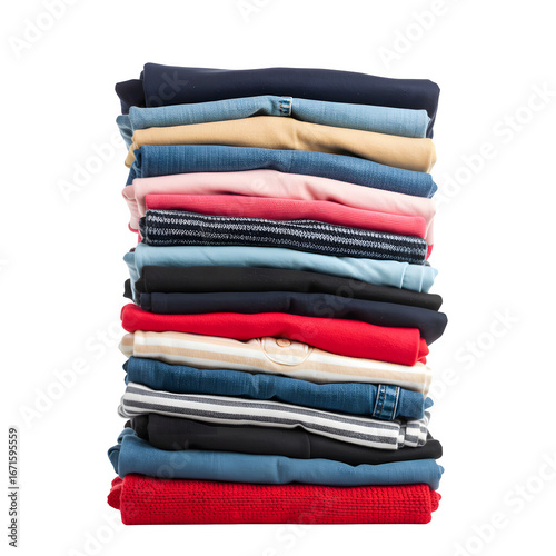 an extremely tall stack of neatly folded clothing towering isolated on white background, PNG format.
