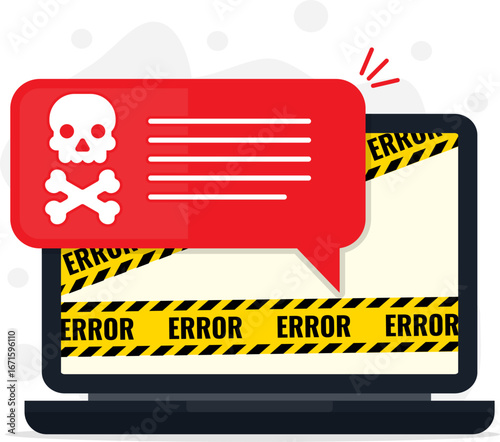 Vector illustration of a laptop warning error message with a red skull alert, symbolizing virus, malware, system failure, hacking, phishing, and cyber security threats.
