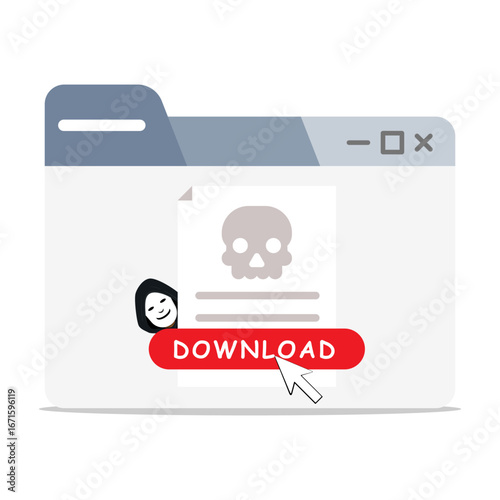 Vector illustration of a hacker tricking users into downloading a malicious file. Concept of malware, virus, phishing, cyber attack, and online security threats.