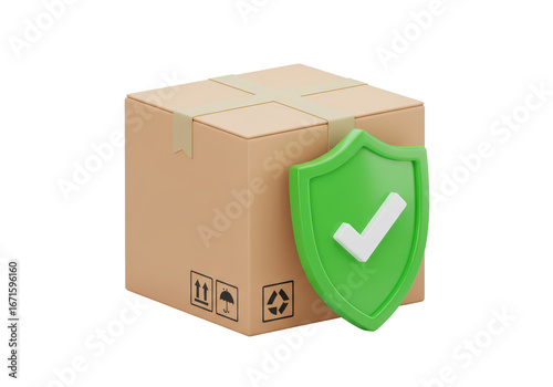 Isolated cardboard box with tape and green shield representing protection or insurance