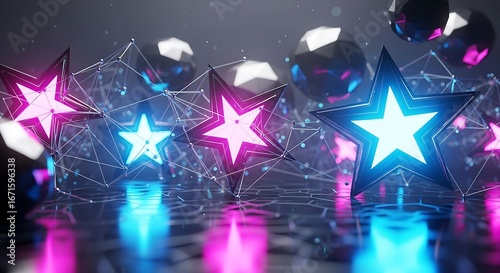 Vibrant Glowing Stars Interconnected in a Futuristic Geometric Network with Reflective Neon Blue and Pink Lights