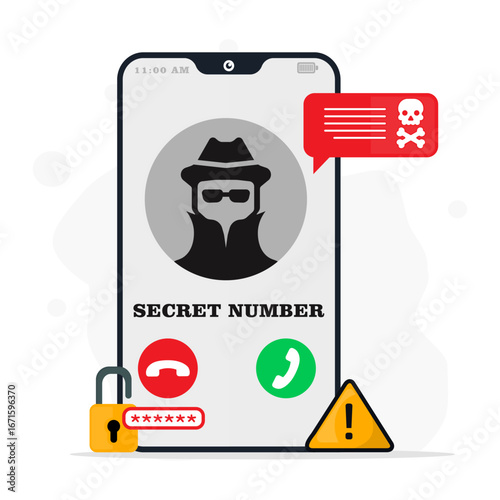 Phone scam and secret number fraud showing a masked caller ID with warning signs. Representing smartphone phishing, cyber crime, identity theft, and mobile security risks.