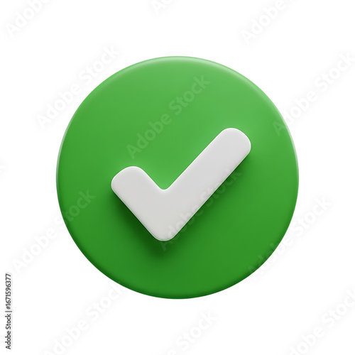 A clean and modern 3d rendered green circle with a white checkmark symbol indicating approval confirmation or completion against a stark black background