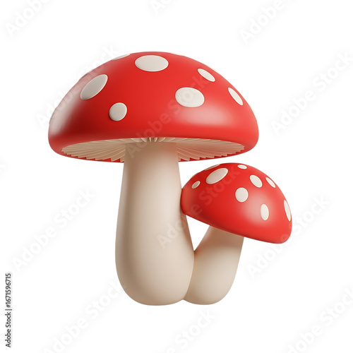 Whimsical 3d render of two iconic red and white spotted fly agaric mushrooms against a stark black background evoking fantasy and nature