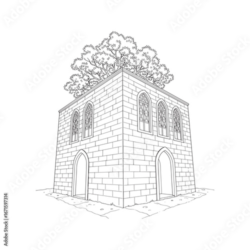 Hand-drawn architectural ink sketch of a historic stone building in Uchisar, Cappadocia.
