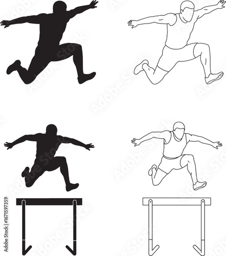 Hurdler Silhouette and Outline Athleticism Competition and Vector Illustration for Design Projects